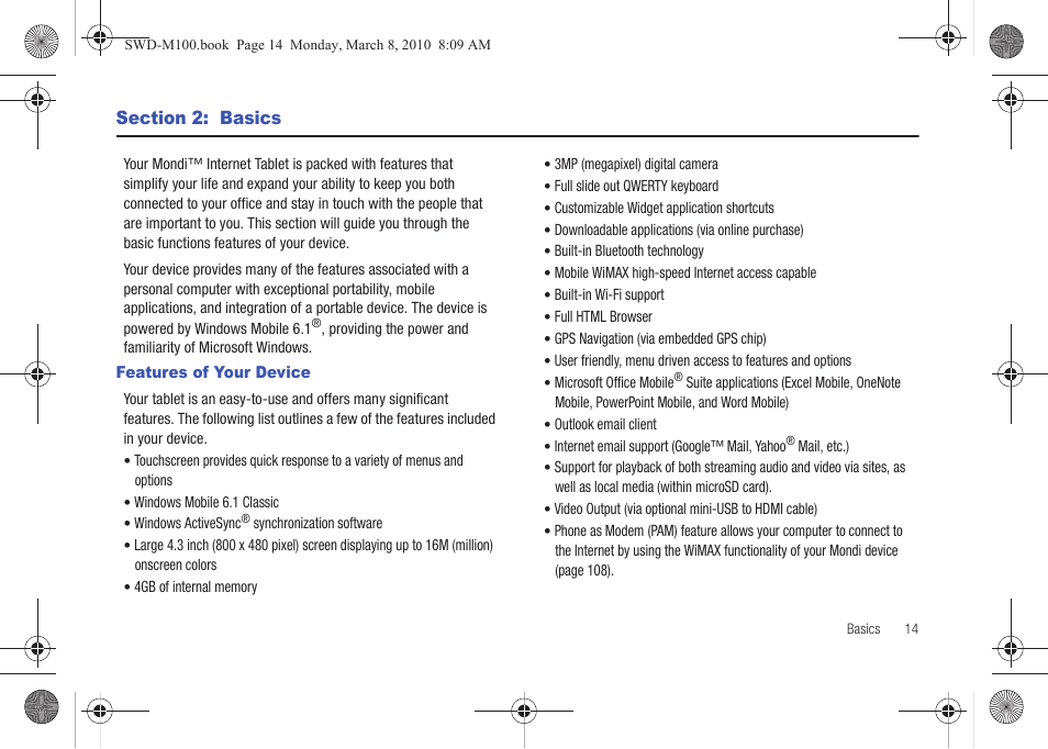 Section 2: basics, Features of your device | Samsung SWD-M100ZKECLW User Manual | Page 17 / 159
