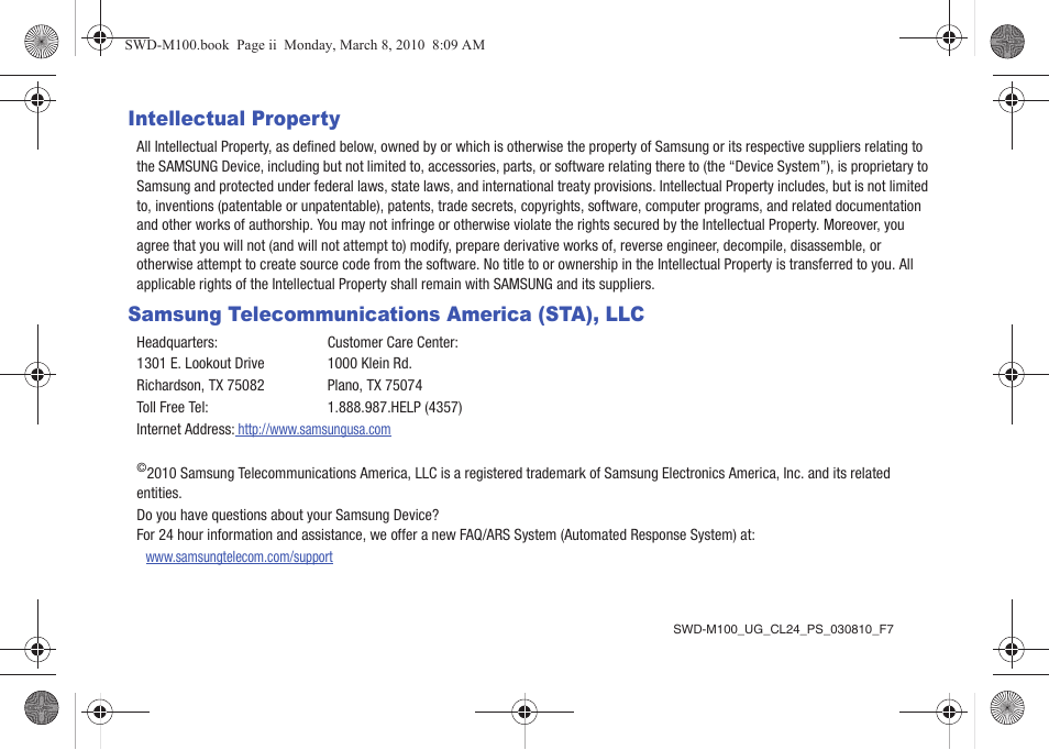 Intellectual property, Samsung telecommunications america (sta), llc | Samsung SWD-M100ZKECLW User Manual | Page 2 / 159