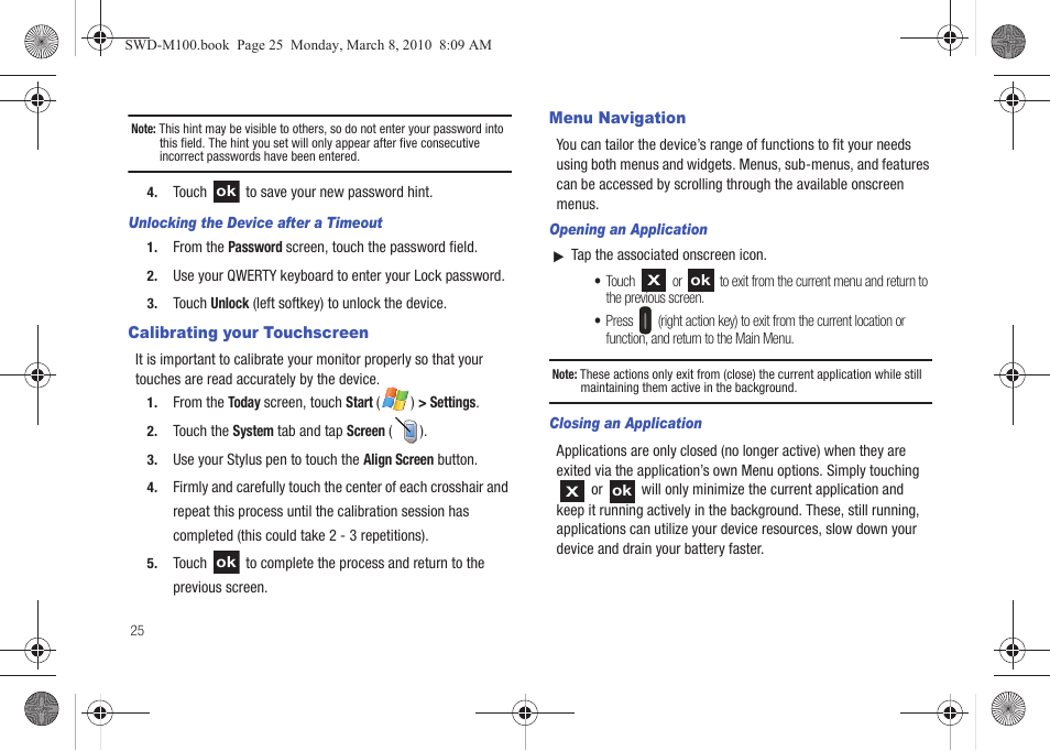 Calibrating your touchscreen, Menu navigation, Calibrating your touchscreen menu navigation | Samsung SWD-M100ZKECLW User Manual | Page 28 / 159