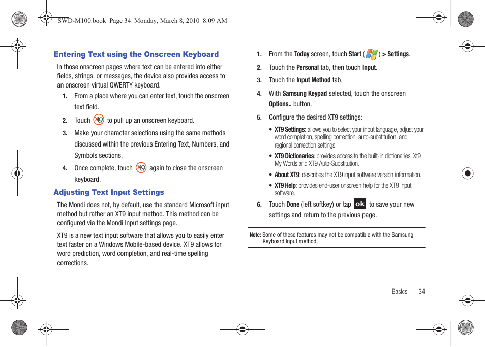 Entering text using the onscreen keyboard, Adjusting text input settings | Samsung SWD-M100ZKECLW User Manual | Page 37 / 159