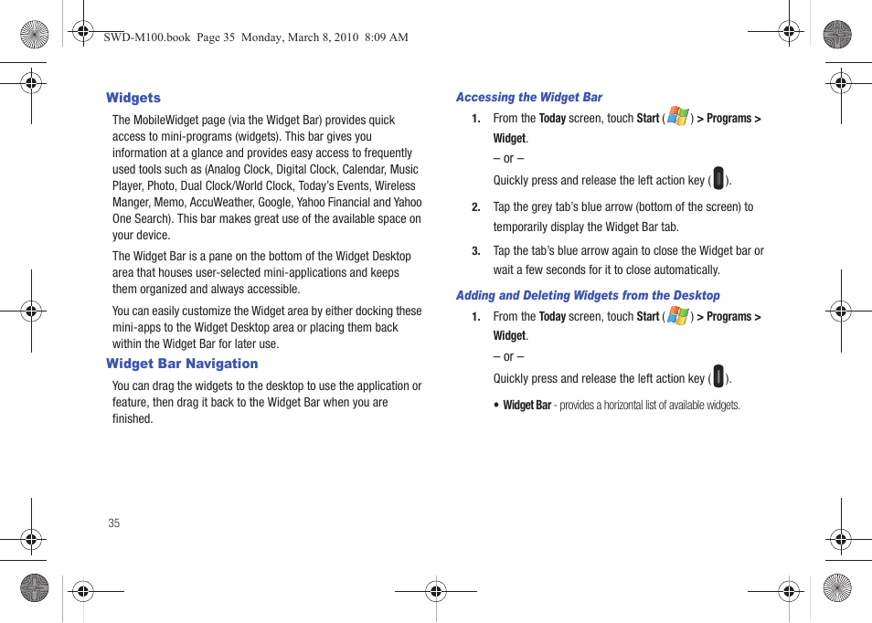 Widgets, Widget bar navigation | Samsung SWD-M100ZKECLW User Manual | Page 38 / 159