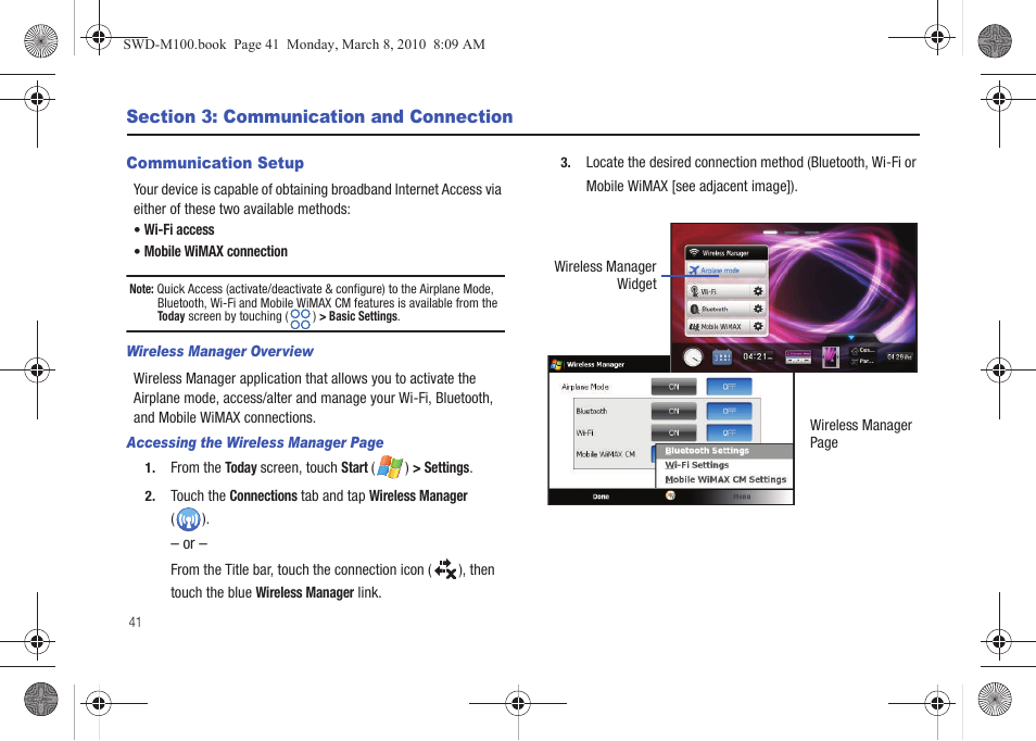 Section 3: communication and connection, Communication setup | Samsung SWD-M100ZKECLW User Manual | Page 44 / 159