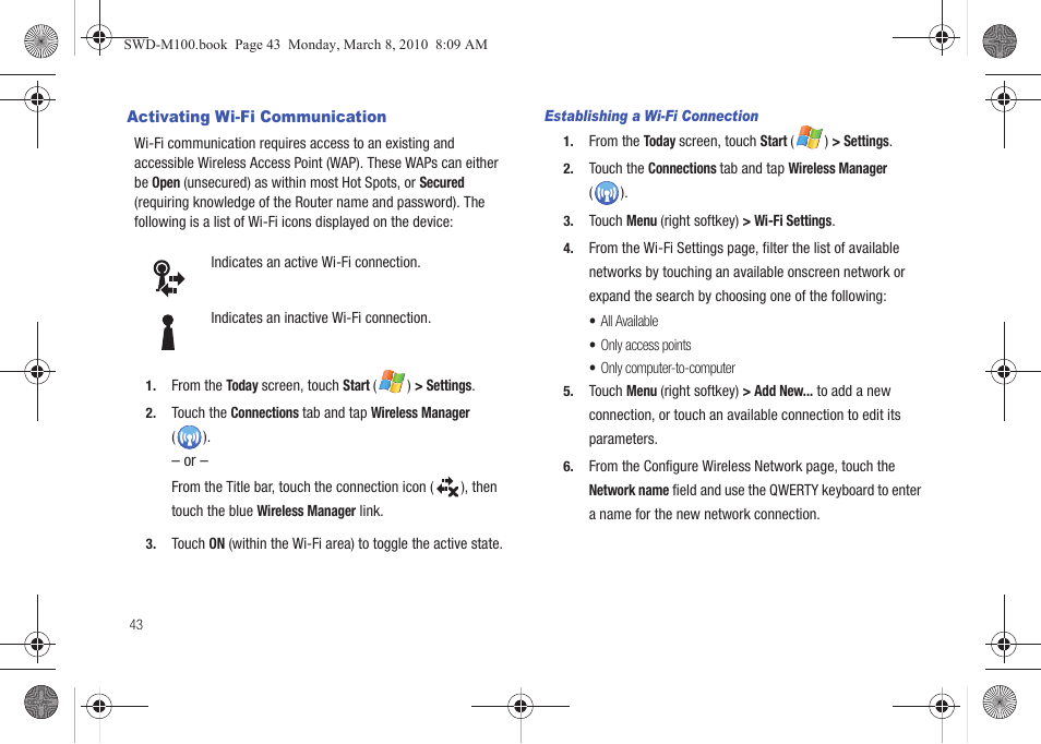 Activating wi-fi communication | Samsung SWD-M100ZKECLW User Manual | Page 46 / 159