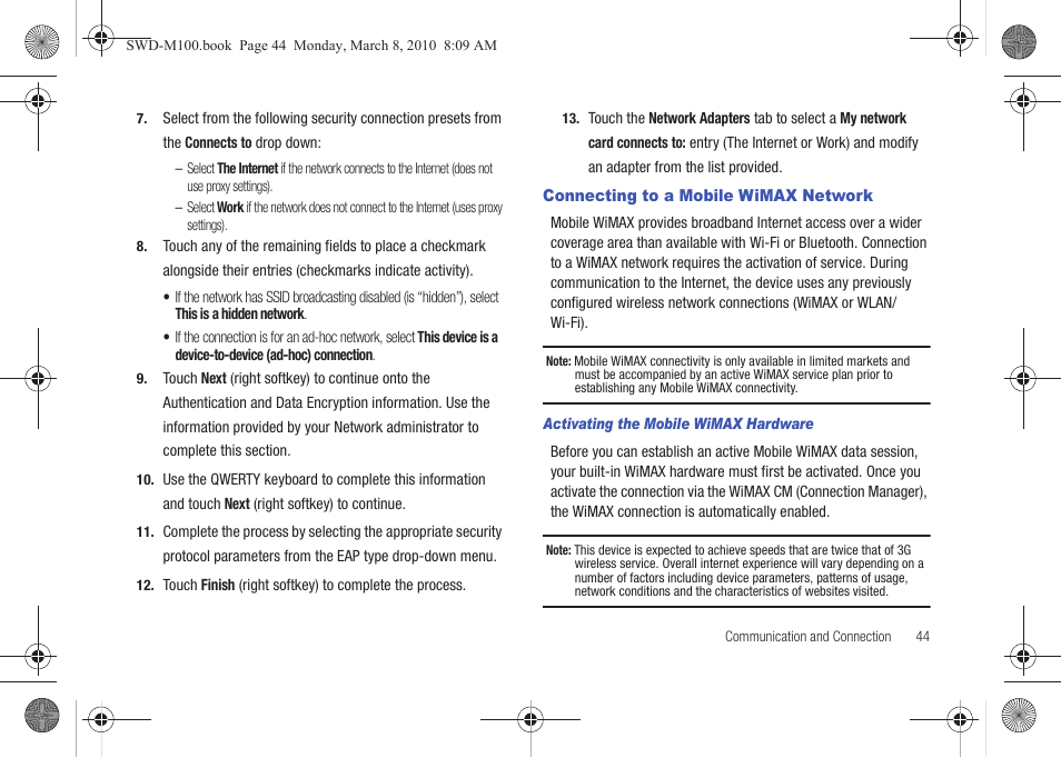 Connecting to a mobile wimax network | Samsung SWD-M100ZKECLW User Manual | Page 47 / 159