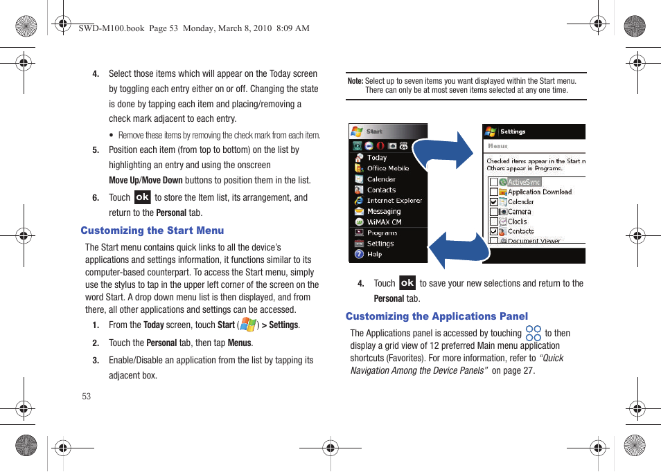 Customizing the start menu, Customizing the applications panel | Samsung SWD-M100ZKECLW User Manual | Page 56 / 159