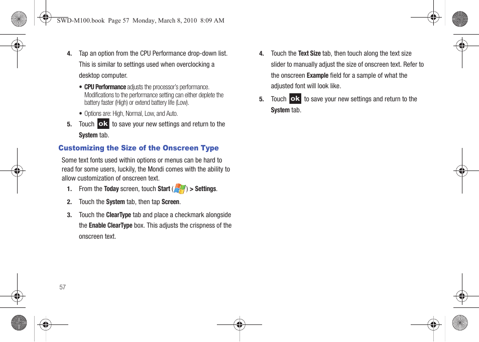 Customizing the size of the onscreen type | Samsung SWD-M100ZKECLW User Manual | Page 60 / 159