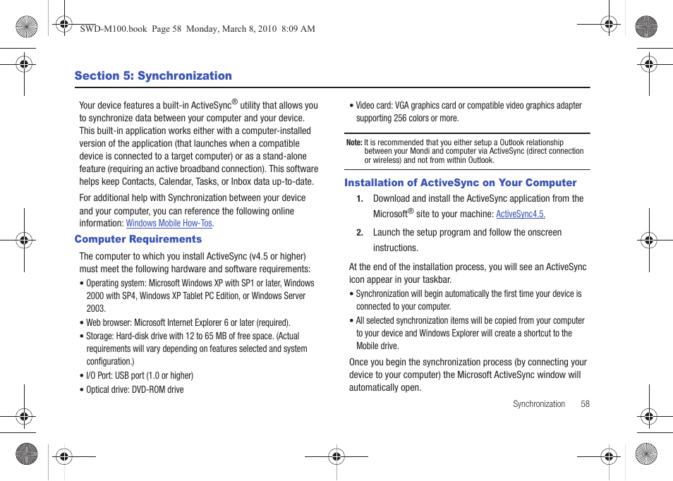 Section 5: synchronization, Computer requirements, Installation of activesync on your computer | Samsung SWD-M100ZKECLW User Manual | Page 61 / 159