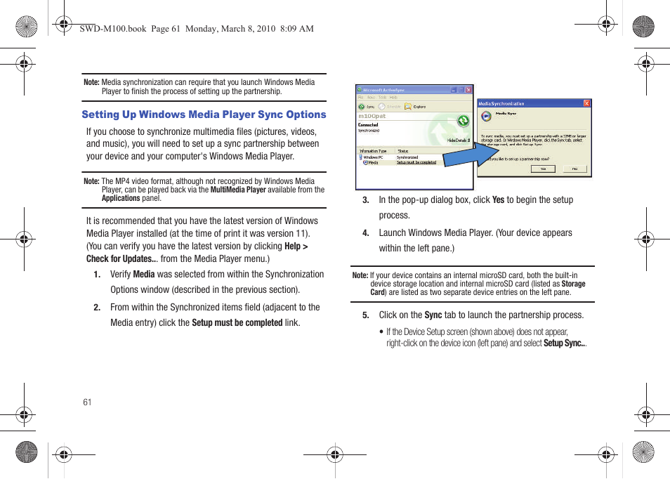 Setting up windows media player sync options | Samsung SWD-M100ZKECLW User Manual | Page 64 / 159