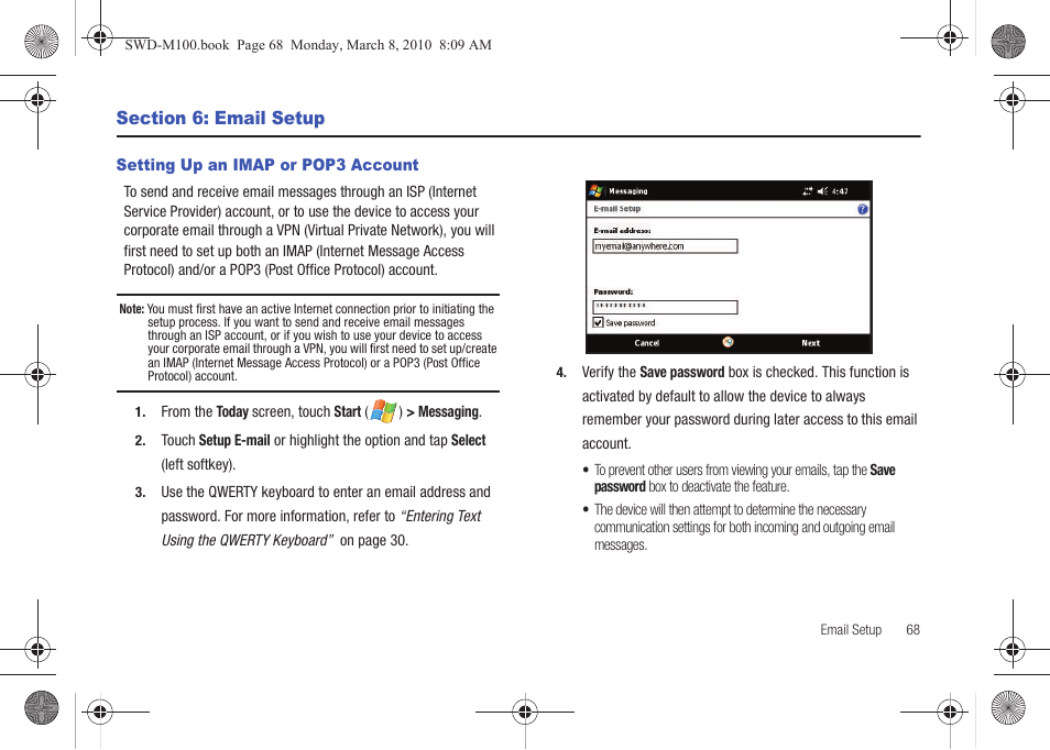 Section 6: email setup, Setting up an imap or pop3 account | Samsung SWD-M100ZKECLW User Manual | Page 71 / 159