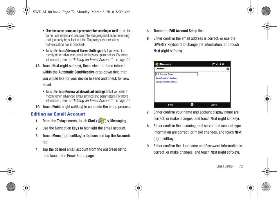 Editing an email account | Samsung SWD-M100ZKECLW User Manual | Page 75 / 159