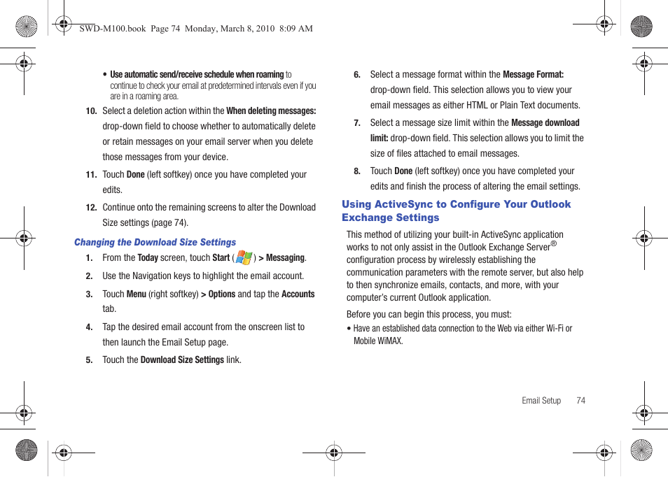 Using activesync to configure your outlook, Exchange settings | Samsung SWD-M100ZKECLW User Manual | Page 77 / 159