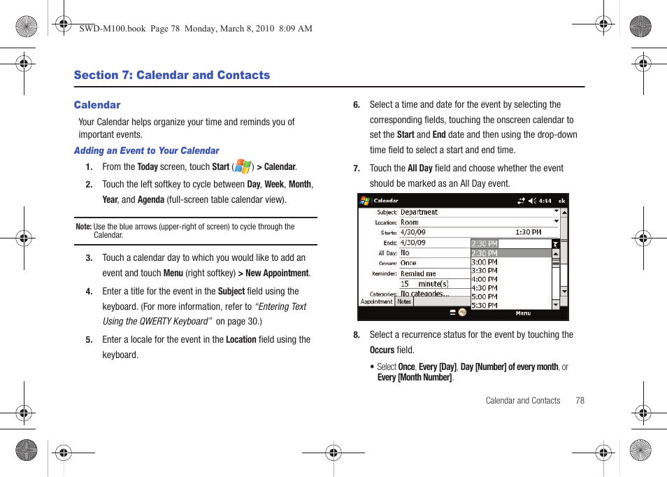 Section 7: calendar and contacts, Calendar | Samsung SWD-M100ZKECLW User Manual | Page 81 / 159