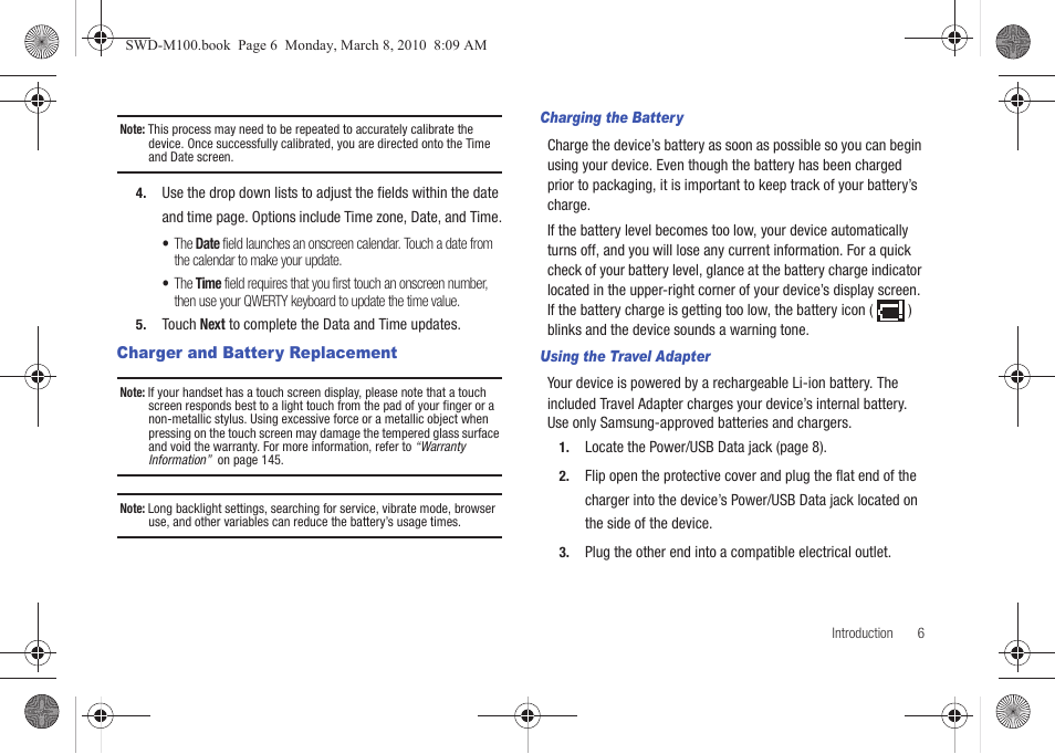 Charger and battery replacement | Samsung SWD-M100ZKECLW User Manual | Page 9 / 159