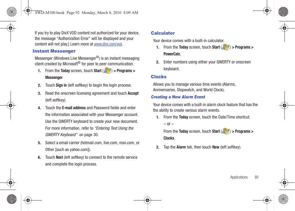 Instant messenger, Calculator, Clocks | Instant messenger calculator clocks | Samsung SWD-M100ZKECLW User Manual | Page 95 / 159