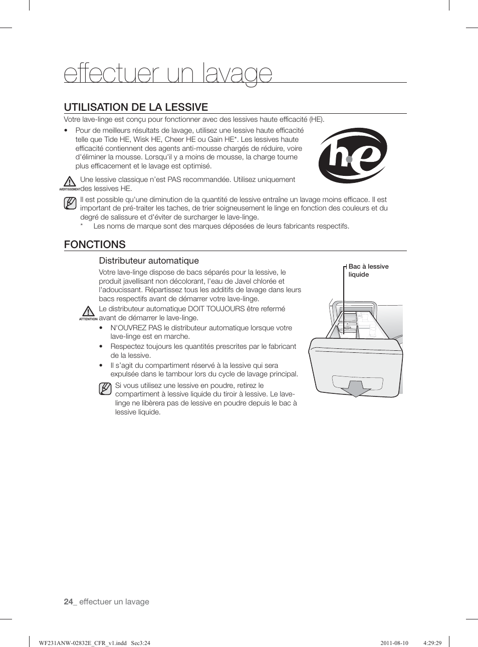 Eff ectuer un lavage, Utilisation de la lessive, Fonctions | Samsung WF231ANW-XAA User Manual | Page 104 / 120