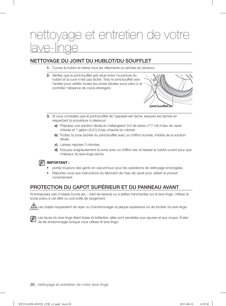 Nettoyage et entretien de votre lave-linge, Nettoyage du joint du hublot/du soufflet, Protection du capot supérieur et du panneau avant | Samsung WF231ANW-XAA User Manual | Page 108 / 120