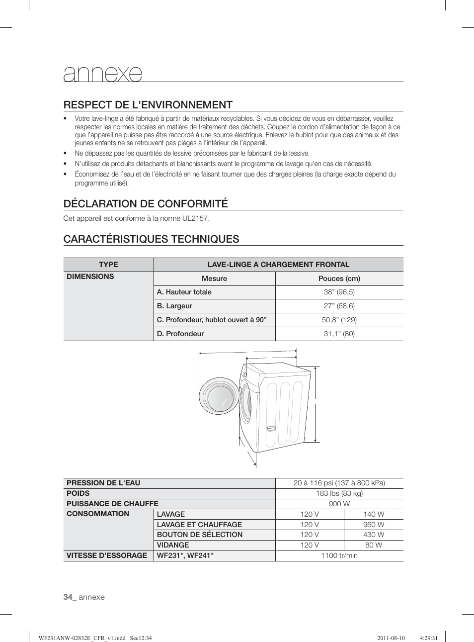 Annexe, Respect de l'environnement, Déclaration de conformité | Caractéristiques techniques | Samsung WF231ANW-XAA User Manual | Page 114 / 120