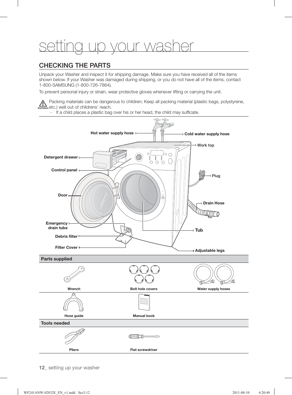 Setting up your washer, Checking the parts | Samsung WF231ANW-XAA User Manual | Page 12 / 120