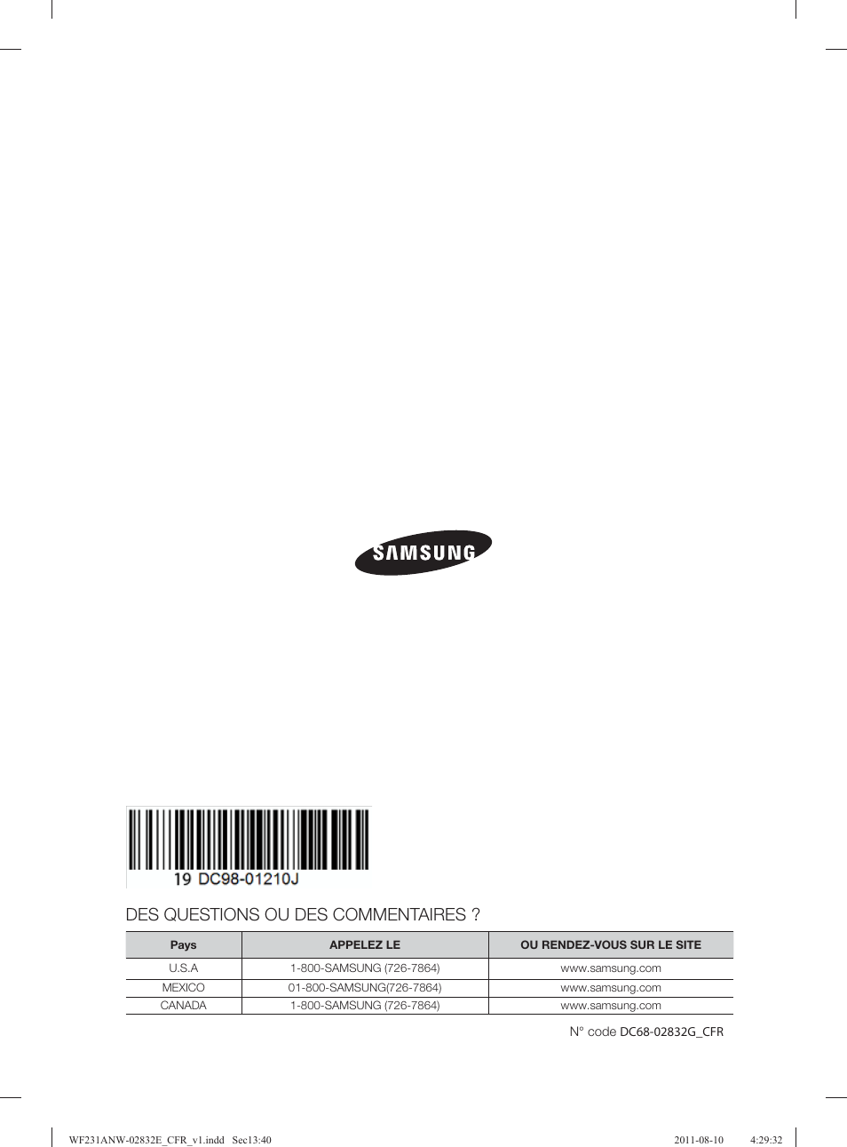 Des questions ou des commentaires | Samsung WF231ANW-XAA User Manual | Page 120 / 120