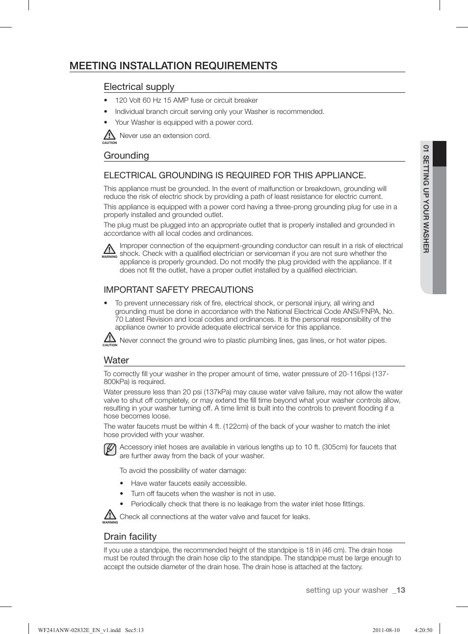 Meeting installation requirements, Electrical supply, Grounding | Water, Drain facility | Samsung WF231ANW-XAA User Manual | Page 13 / 120