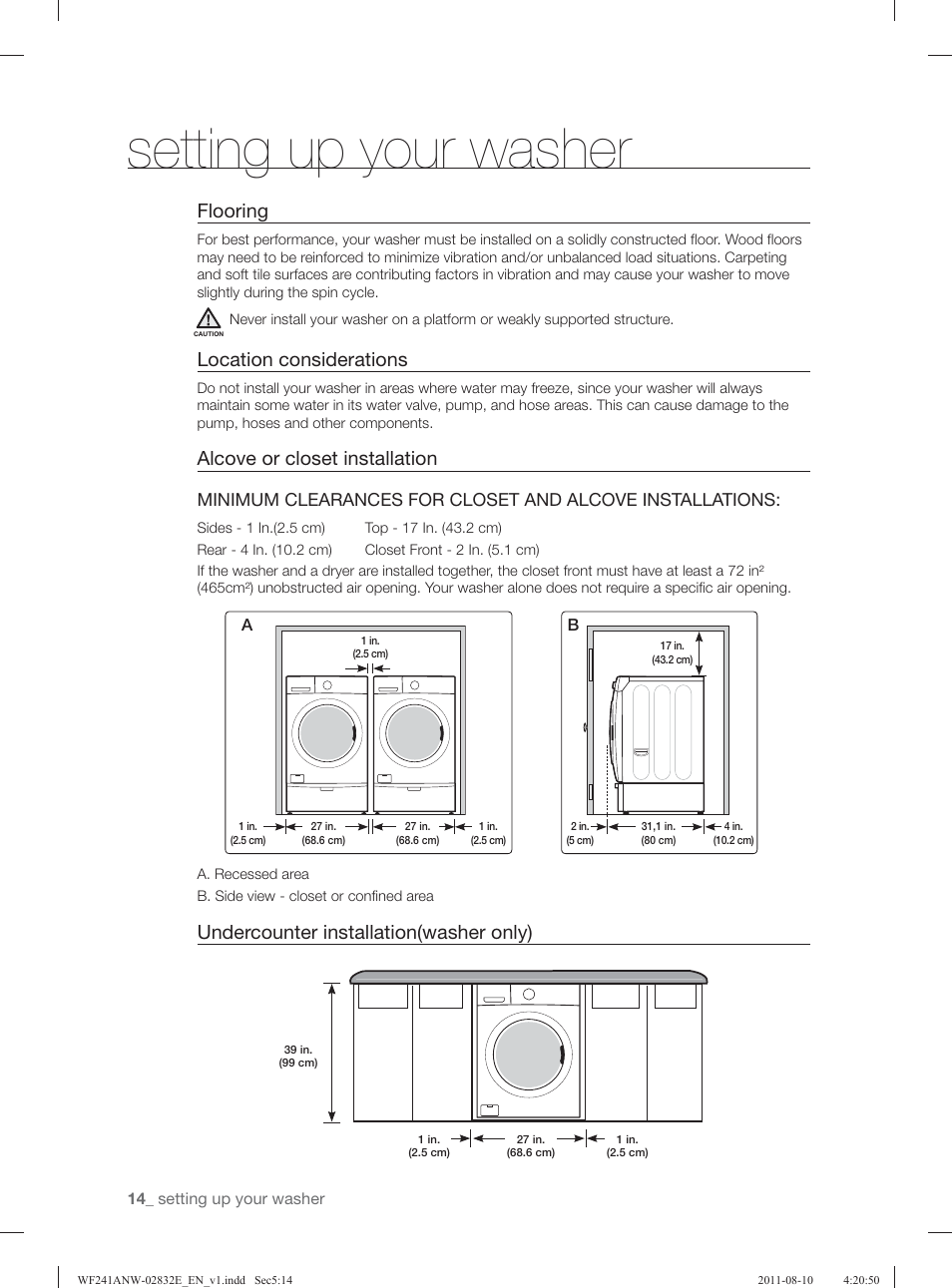 Setting up your washer, Flooring, Location considerations | Alcove or closet installation, Undercounter installation(washer only) | Samsung WF231ANW-XAA User Manual | Page 14 / 120