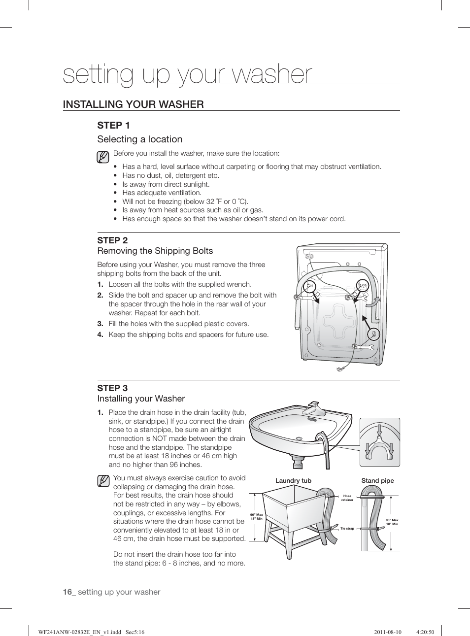Setting up your washer, Installing your washer, Step 1 selecting a location | Samsung WF231ANW-XAA User Manual | Page 16 / 120