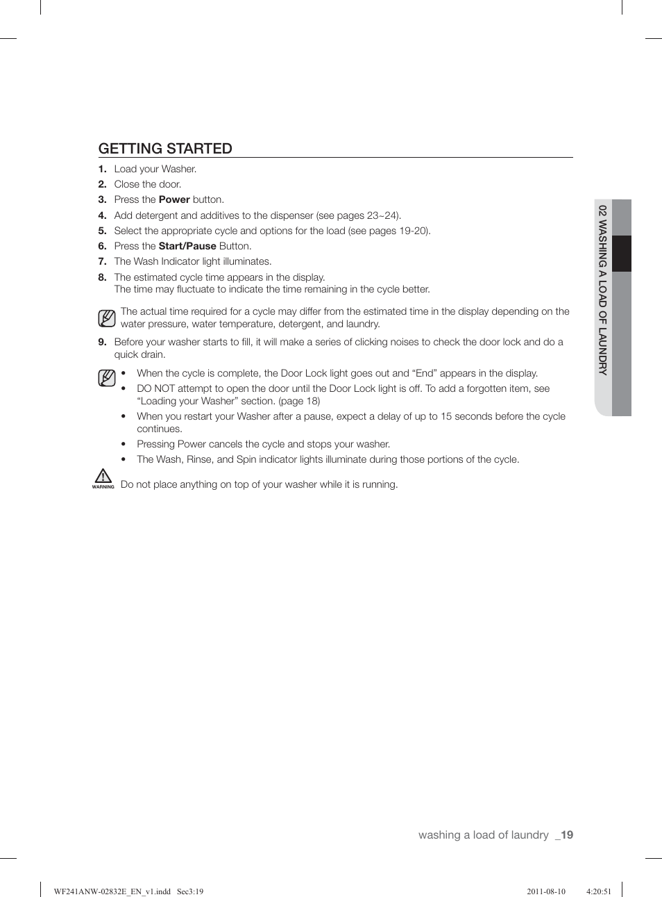 Getting started | Samsung WF231ANW-XAA User Manual | Page 19 / 120