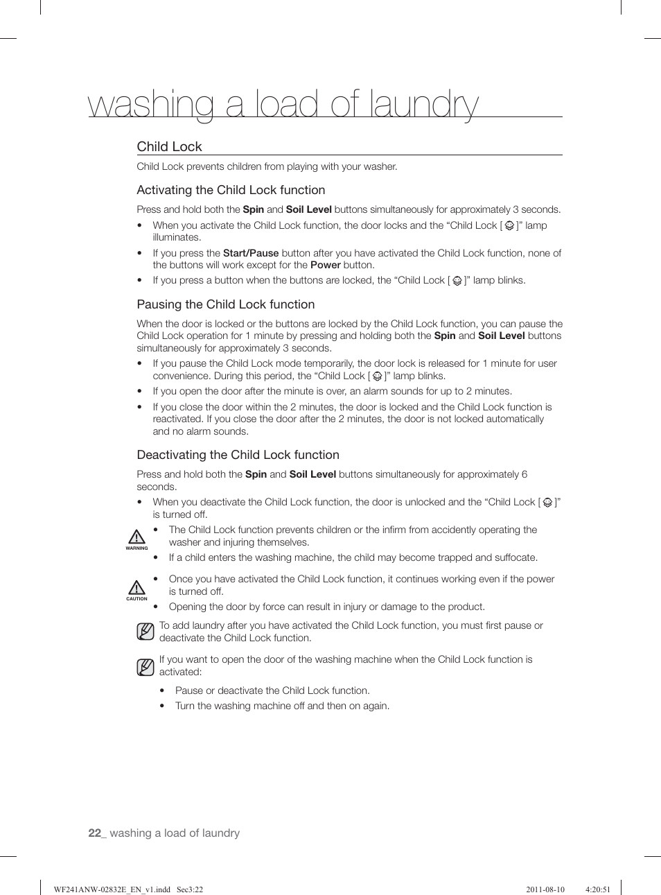 Washing a load of laundry, Child lock | Samsung WF231ANW-XAA User Manual | Page 22 / 120