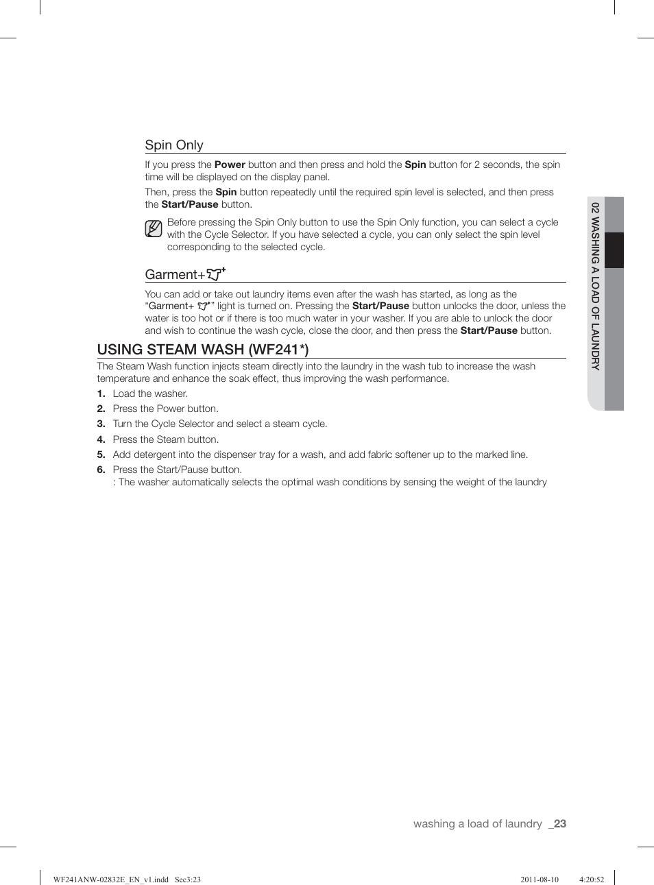 Using steam wash (wf241*), Spin only, Garment | Samsung WF231ANW-XAA User Manual | Page 23 / 120