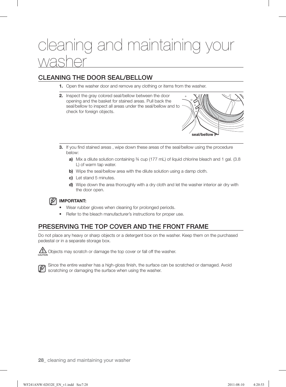 Cleaning and maintaining your washer, Cleaning the door seal/bellow, Preserving the top cover and the front frame | Samsung WF231ANW-XAA User Manual | Page 28 / 120