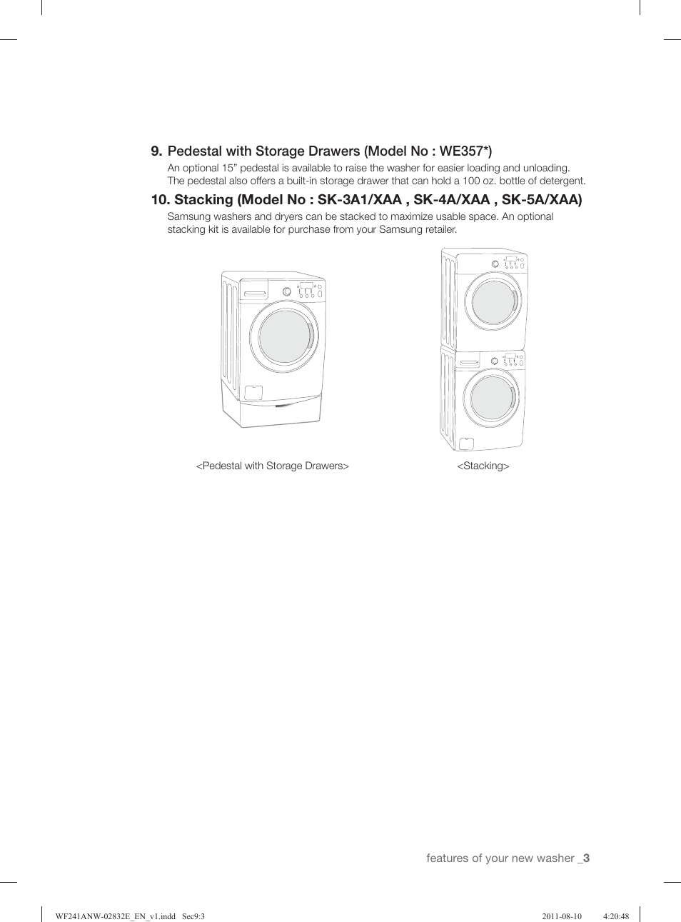 Pedestal with storage drawers (model no : we357*) | Samsung WF231ANW-XAA User Manual | Page 3 / 120