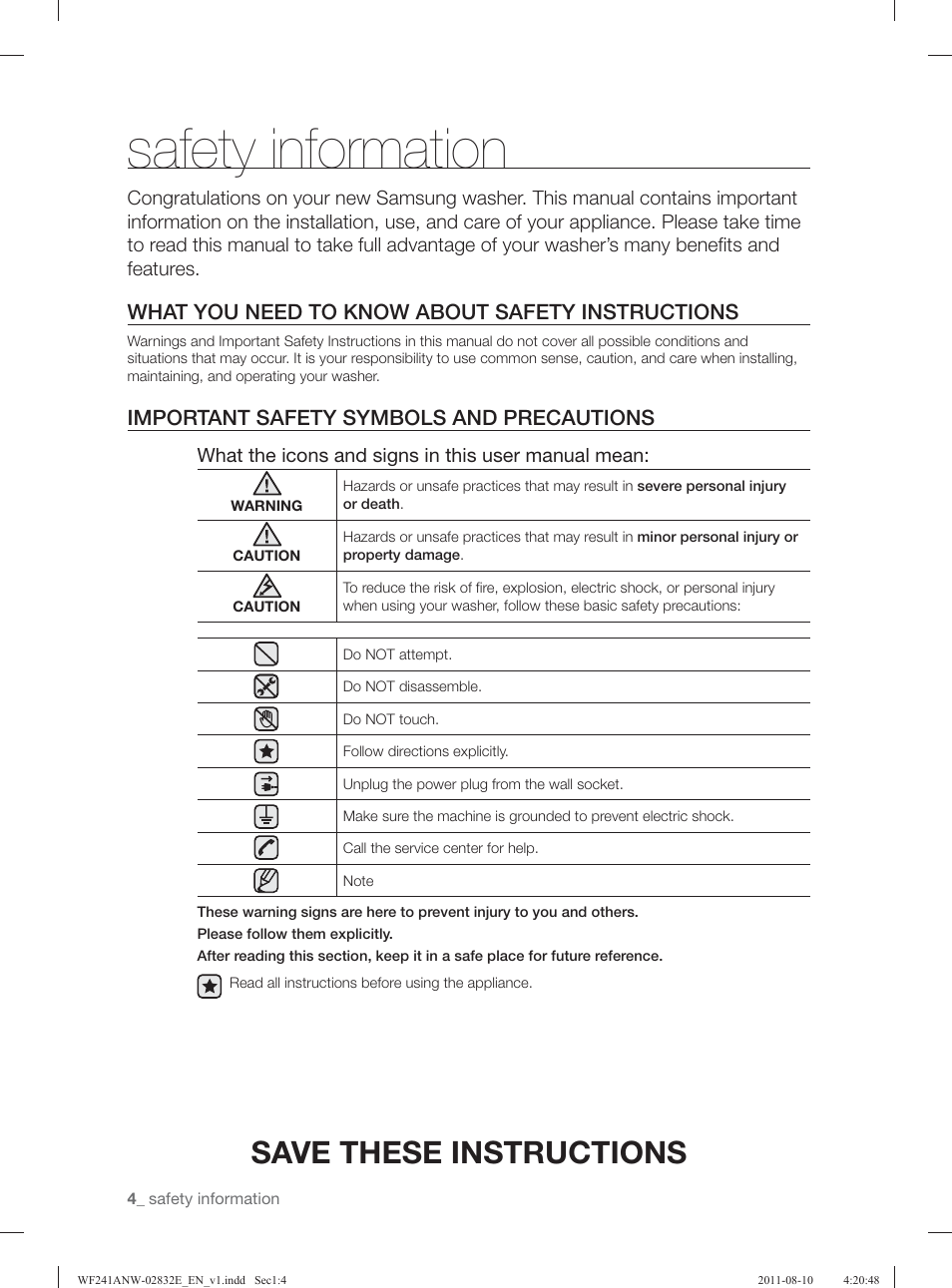 Safety information, Save these instructions, What you need to know about safety instructions | Important safety symbols and precautions | Samsung WF231ANW-XAA User Manual | Page 4 / 120