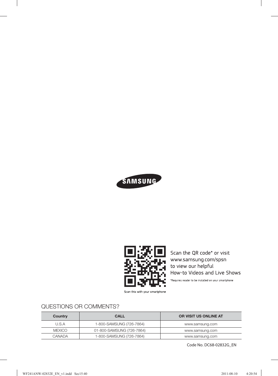 Questions or comments | Samsung WF231ANW-XAA User Manual | Page 40 / 120
