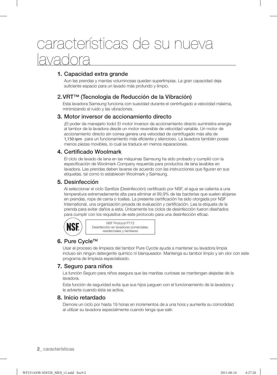 Características de su nueva lavadora | Samsung WF231ANW-XAA User Manual | Page 42 / 120