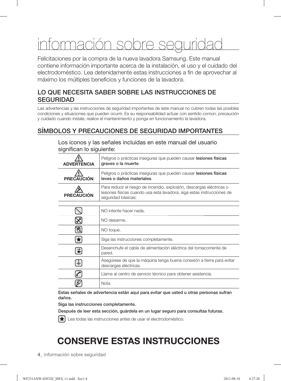 Información sobre seguridad, Conserve estas instrucciones, Símbolos y precauciones de seguridad importantes | Samsung WF231ANW-XAA User Manual | Page 44 / 120
