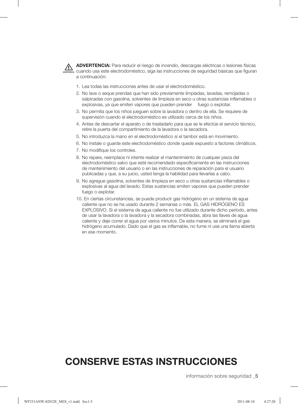 Conserve estas instrucciones | Samsung WF231ANW-XAA User Manual | Page 45 / 120