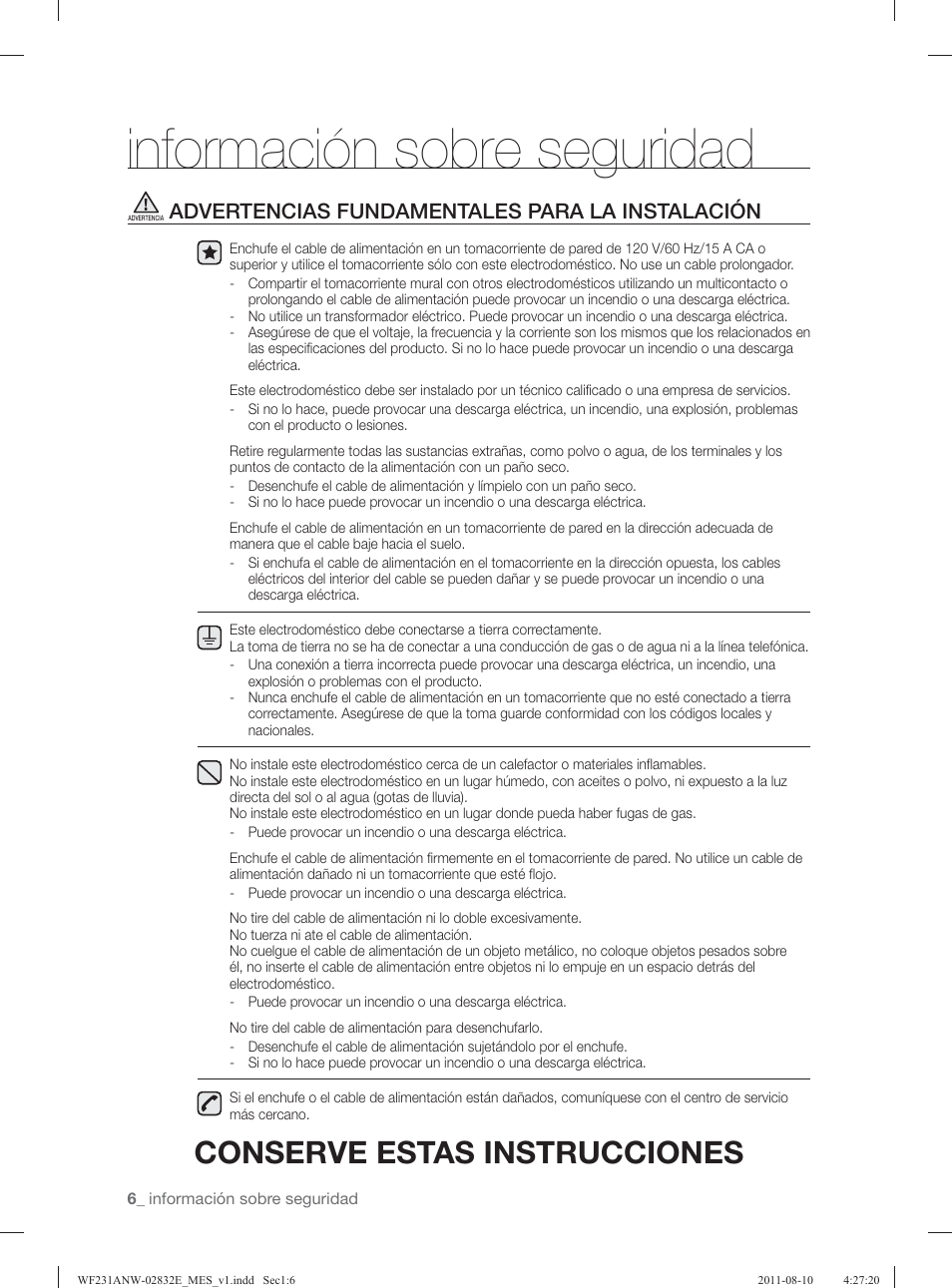Información sobre seguridad, Conserve estas instrucciones, Advertencias fundamentales para la instalación | Samsung WF231ANW-XAA User Manual | Page 46 / 120