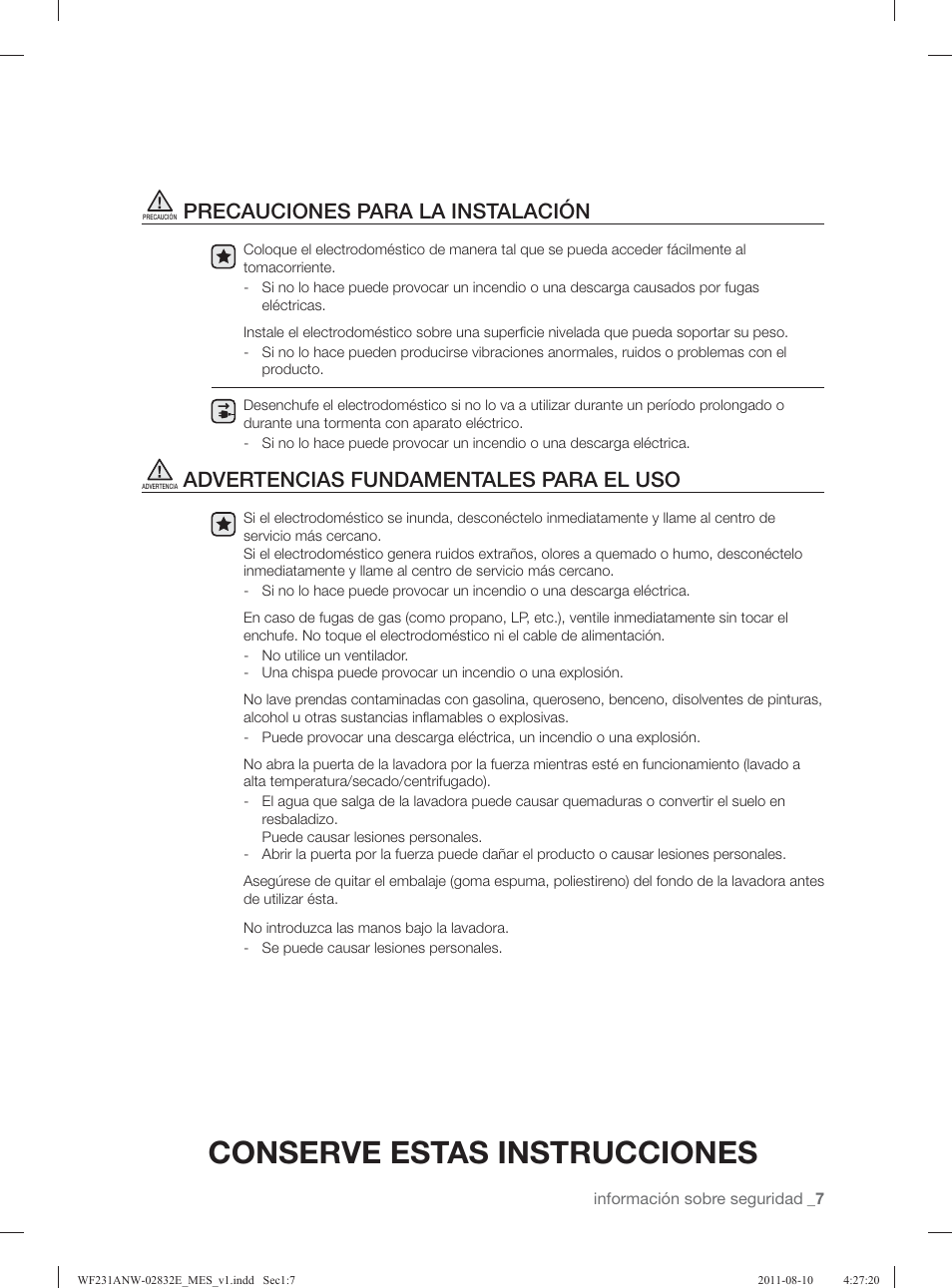 Conserve estas instrucciones, Precauciones para la instalación, Advertencias fundamentales para el uso | Samsung WF231ANW-XAA User Manual | Page 47 / 120