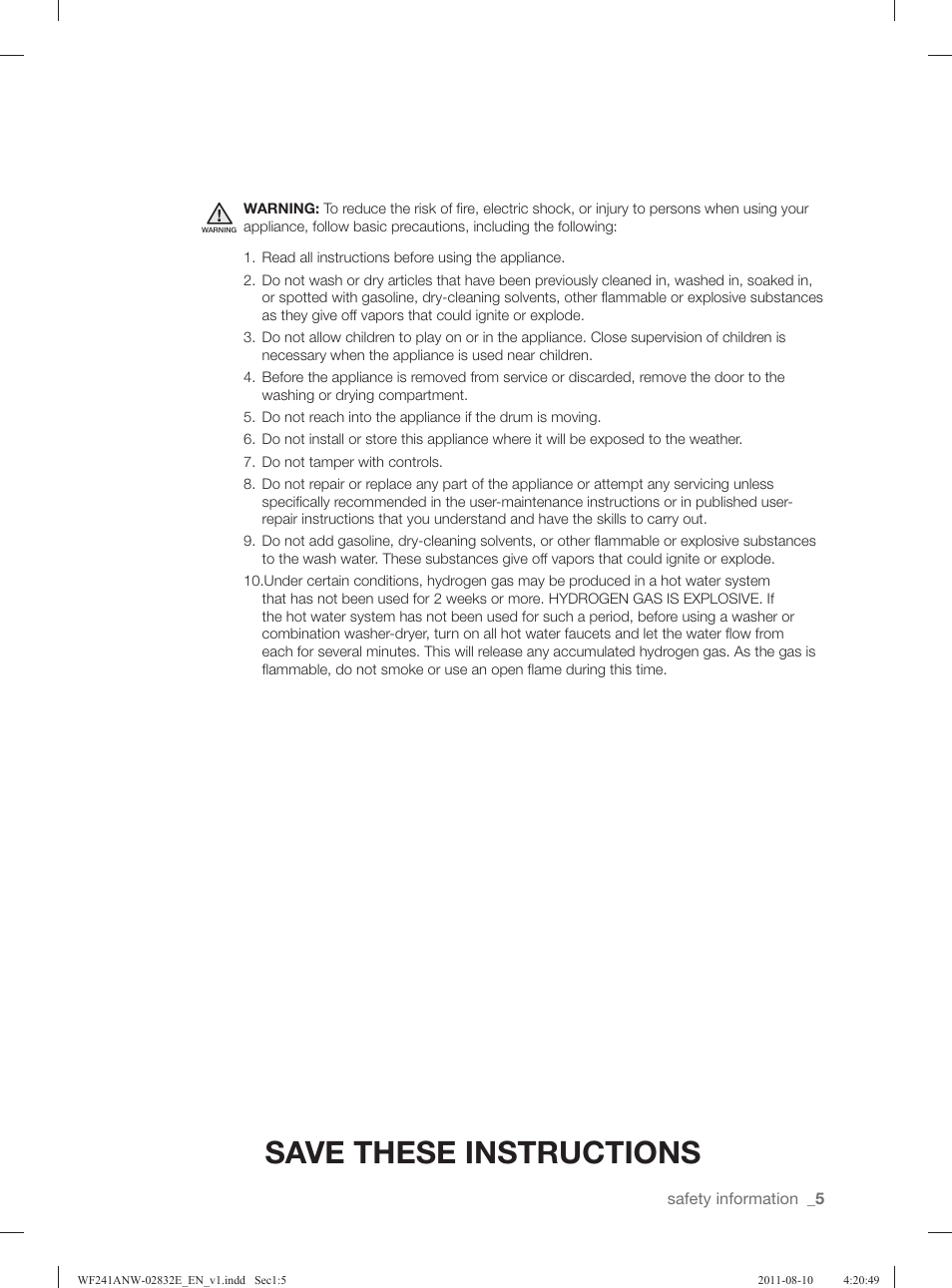 Save these instructions | Samsung WF231ANW-XAA User Manual | Page 5 / 120