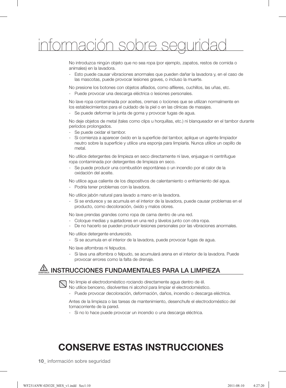 Información sobre seguridad, Conserve estas instrucciones, Instrucciones fundamentales para la limpieza | Samsung WF231ANW-XAA User Manual | Page 50 / 120