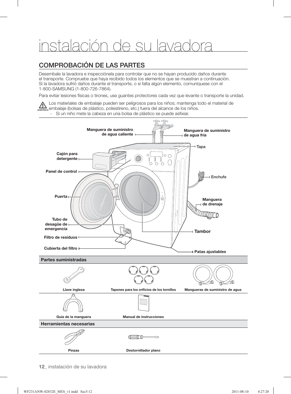 Instalación de su lavadora, Comprobación de las partes | Samsung WF231ANW-XAA User Manual | Page 52 / 120