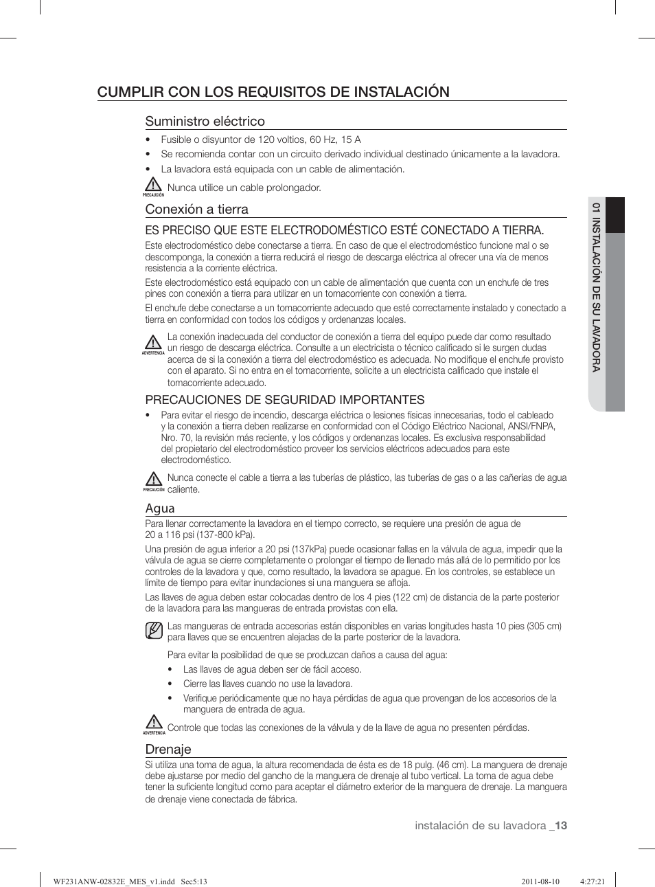 Cumplir con los requisitos de instalación, Suministro eléctrico, Conexión a tierra | Agua, Drenaje | Samsung WF231ANW-XAA User Manual | Page 53 / 120