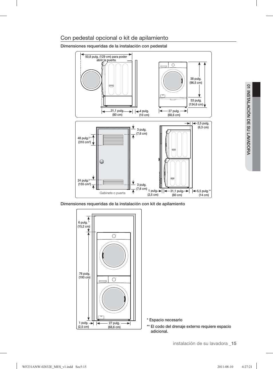 Con pedestal opcional o kit de apilamiento, Instalación de su lavadora | Samsung WF231ANW-XAA User Manual | Page 55 / 120
