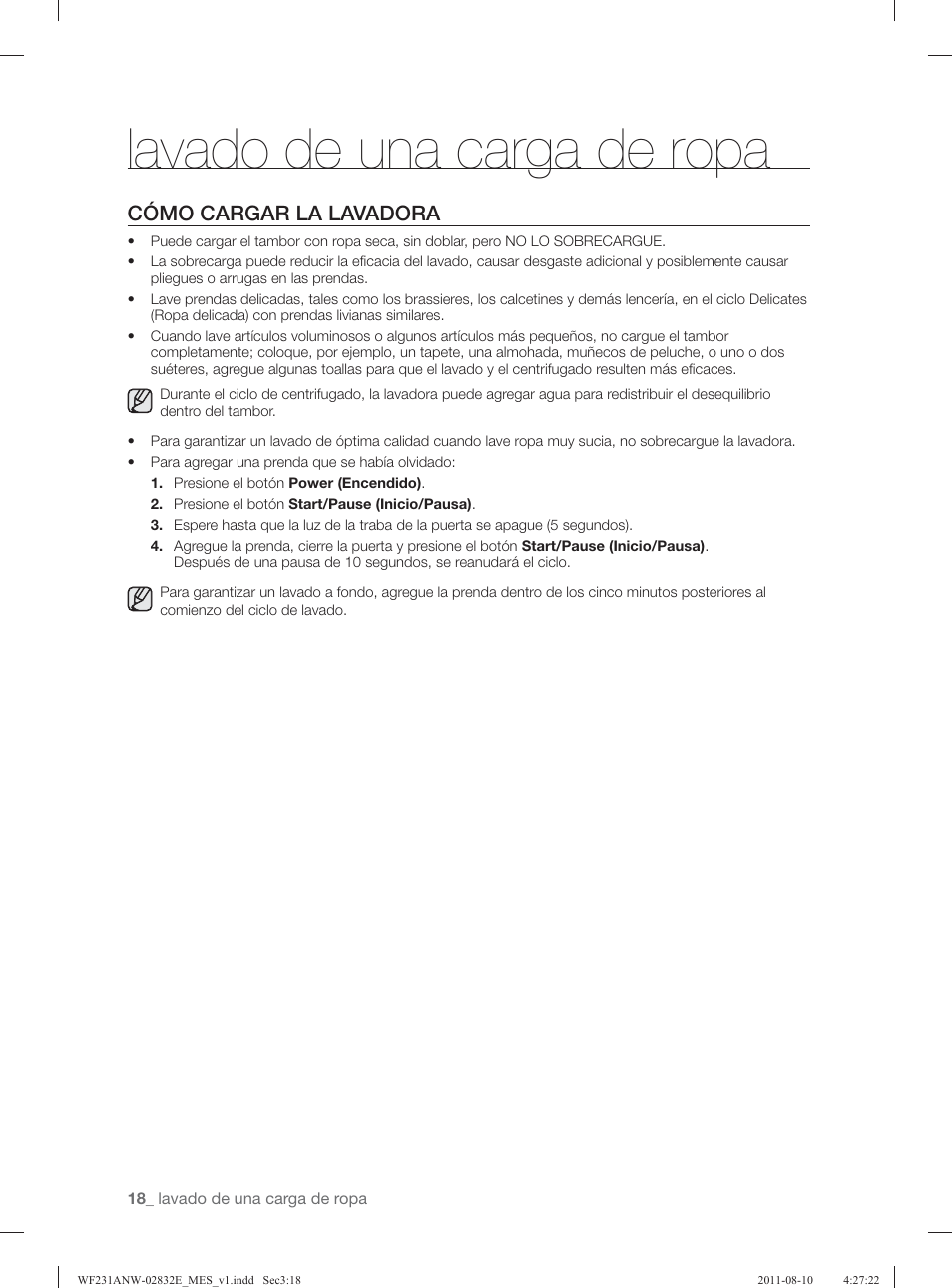 Lavado de una carga de ropa, Cómo cargar la lavadora | Samsung WF231ANW-XAA User Manual | Page 58 / 120