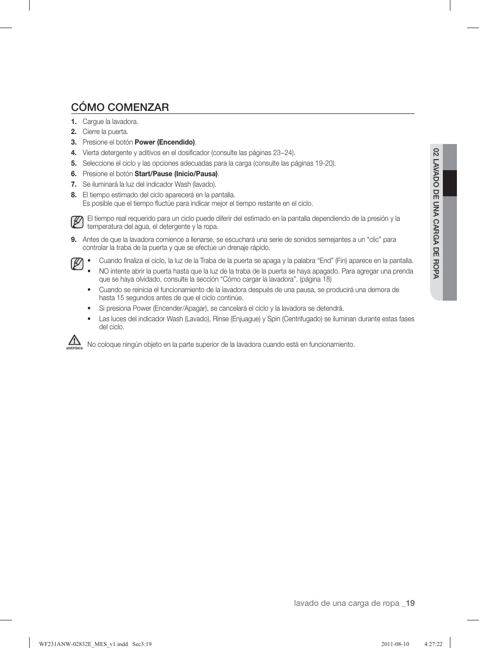 Cómo comenzar | Samsung WF231ANW-XAA User Manual | Page 59 / 120