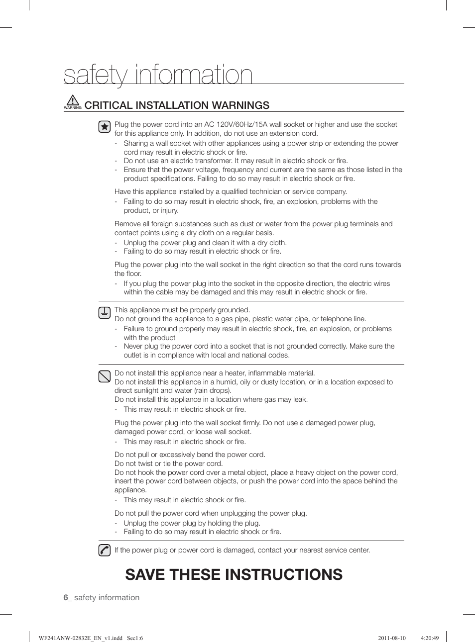 Safety information, Save these instructions, Critical installation warnings | Samsung WF231ANW-XAA User Manual | Page 6 / 120