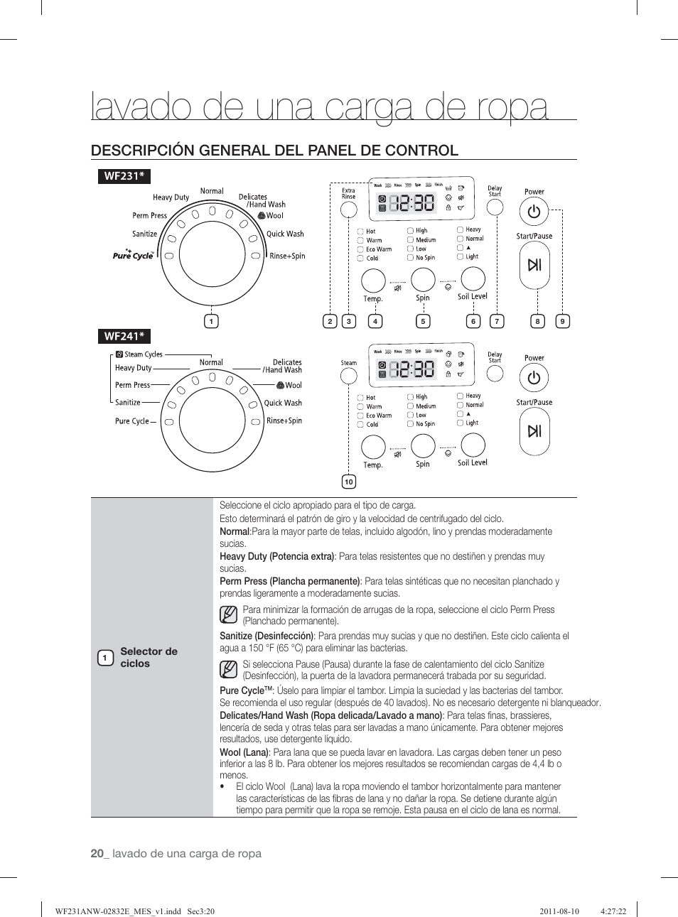 Lavado de una carga de ropa, Descripción general del panel de control | Samsung WF231ANW-XAA User Manual | Page 60 / 120