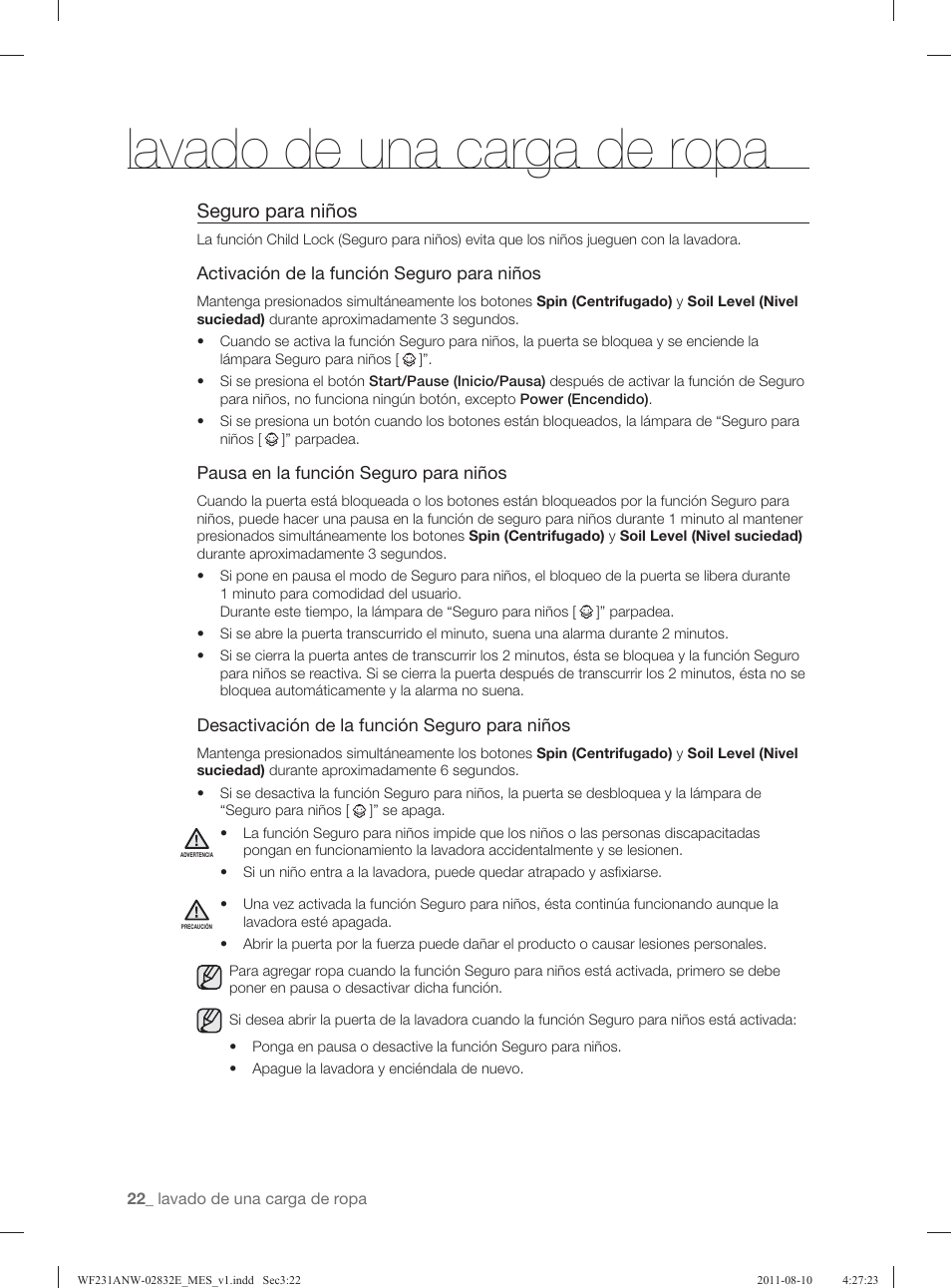 Lavado de una carga de ropa, Seguro para niños | Samsung WF231ANW-XAA User Manual | Page 62 / 120