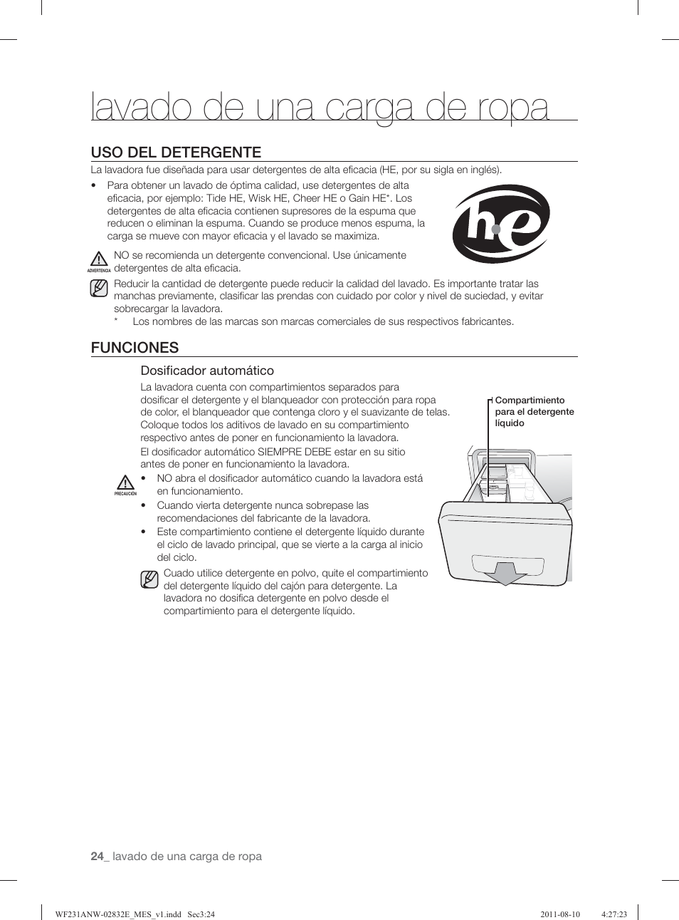 Lavado de una carga de ropa, Uso del detergente, Funciones | Samsung WF231ANW-XAA User Manual | Page 64 / 120