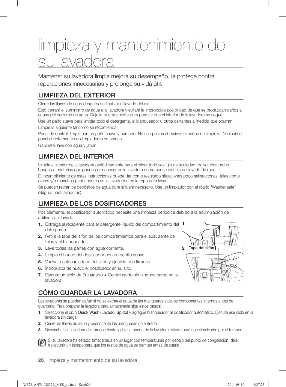 Limpieza y mantenimiento de su lavadora, Limpieza del exterior, Limpieza del interior | Limpieza de los dosificadores, Cómo guardar la lavadora | Samsung WF231ANW-XAA User Manual | Page 66 / 120